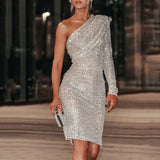 One Shoulder Midi Sequin Evening Dresses